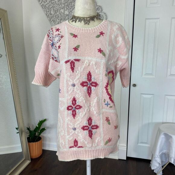 Vintage Light Blush Pink Boho Coquette Knitted Knit Shortsleeve Sweater Top M - Picture 6 of 7
